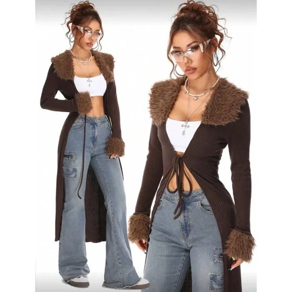 Shein | Long Cardigan with Faux Fur Trim - Picture 1 of 5
